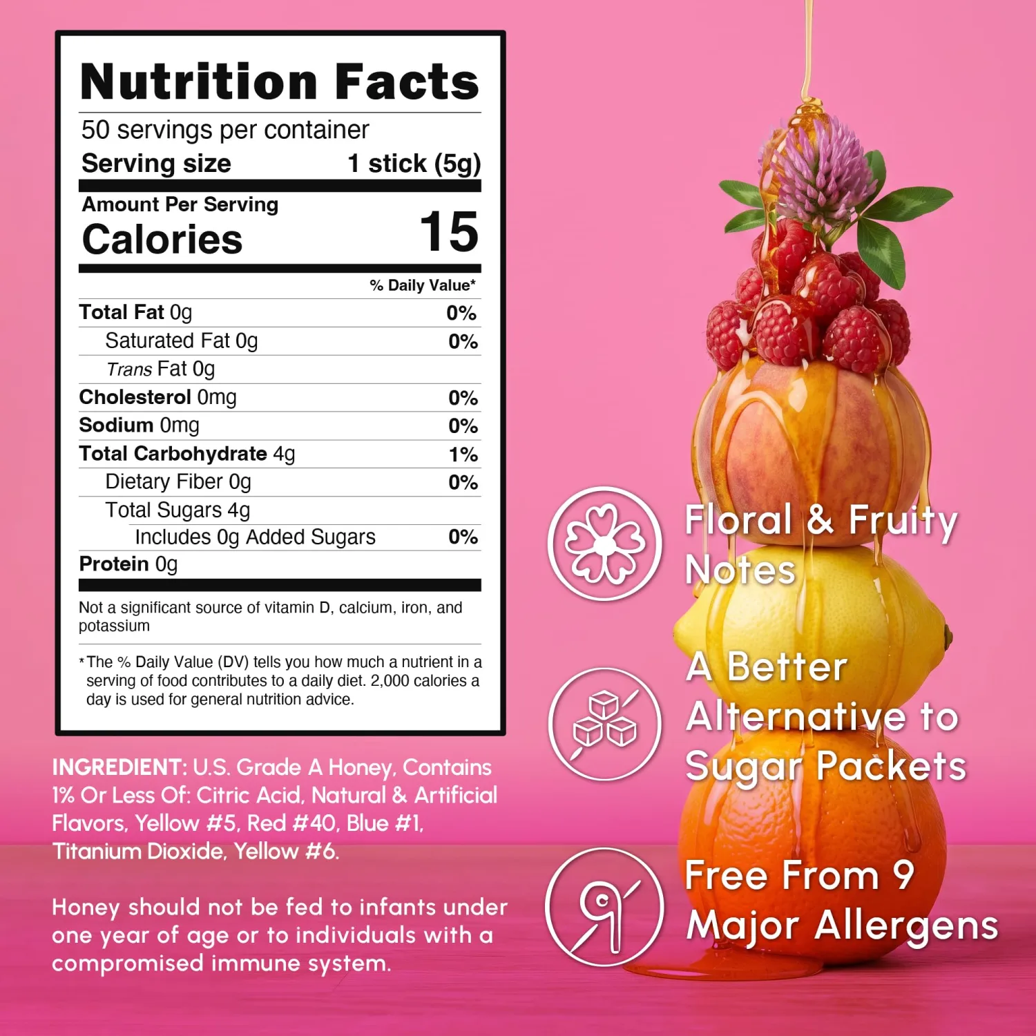 Snackathon Honey Sticks Variety Pack, 50 Count Bulk (Clover, Lemon, Peach, Orange and Raspberry), Fruit-Flavored Honey Straws for Tea & Coffee, Single Serve (1 Teaspoon per Stick), Made in USA