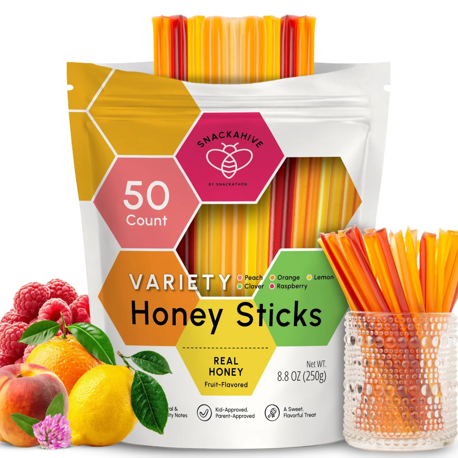 Snackathon Honey Sticks Variety Pack, 50 Count Bulk (Clover, Lemon, Peach, Orange and Raspberry), Fruit-Flavored Honey Straws for Tea & Coffee, Single Serve (1 Teaspoon per Stick), Made in USA