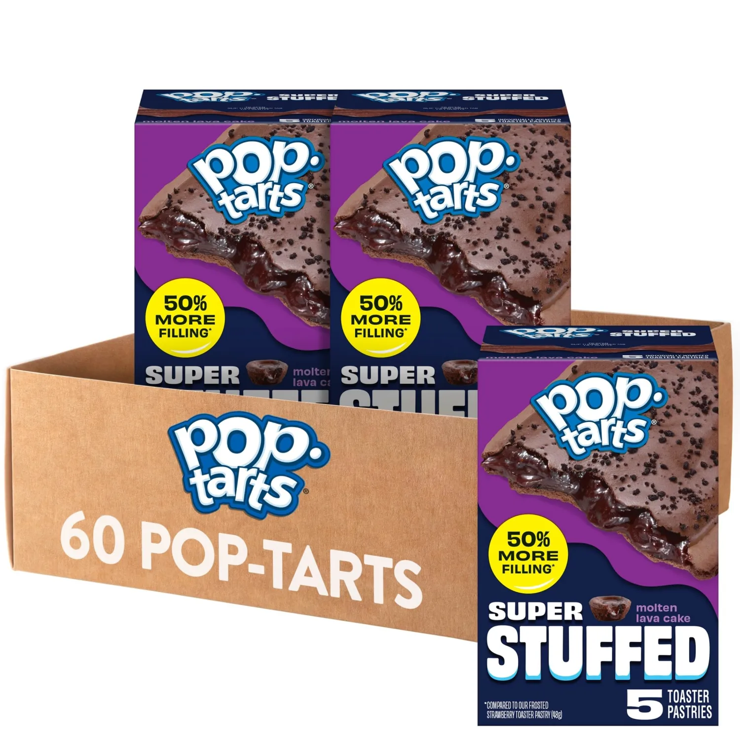 Pop-Tarts Super Stuffed Molten Lava Cake Toaster Pastries, 50% More Filling, Snacks, Dessert (12 Boxes, 60 Pop-Tarts)