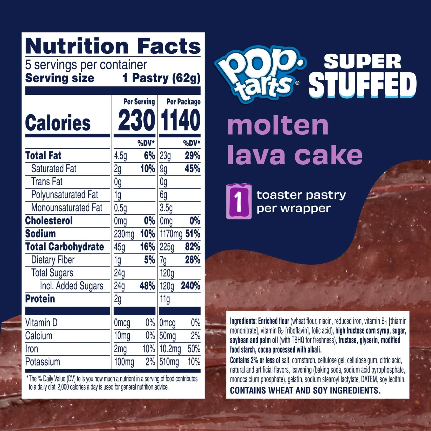 Pop-Tarts Super Stuffed Molten Lava Cake Toaster Pastries, 50% More Filling, Snacks, Dessert (12 Boxes, 60 Pop-Tarts)