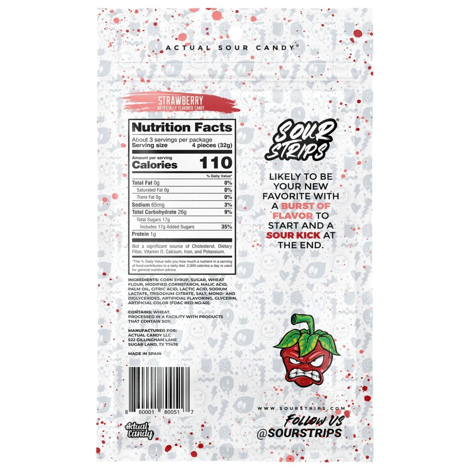 SOUR STRIPS Strawberry Flavored Chewy Candy Bag, 3.4 oz (Pack of 3)