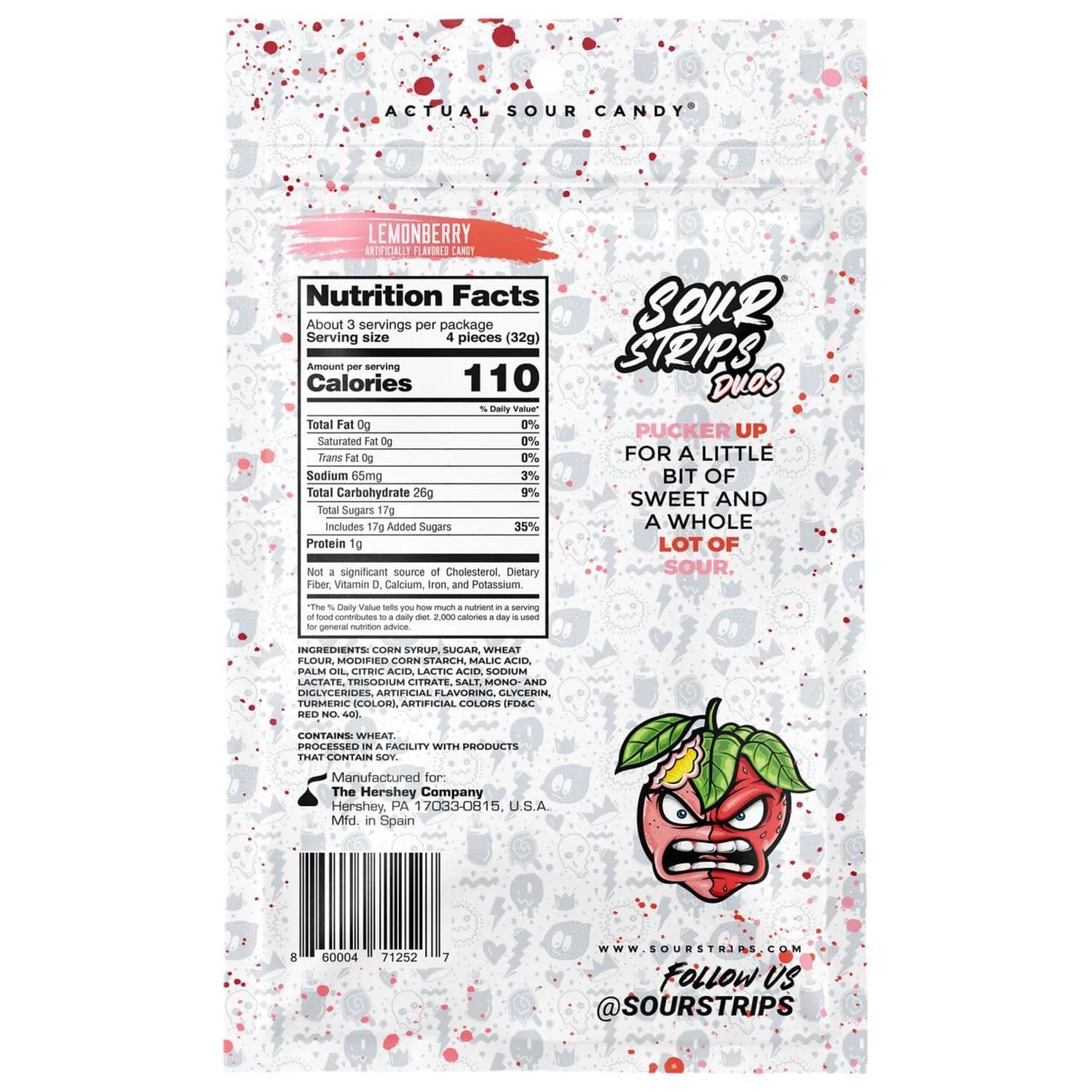 SOUR STRIPS DUOS Lemonberry Flavored Peg Bag, 3.4 oz. (Pack of 3)