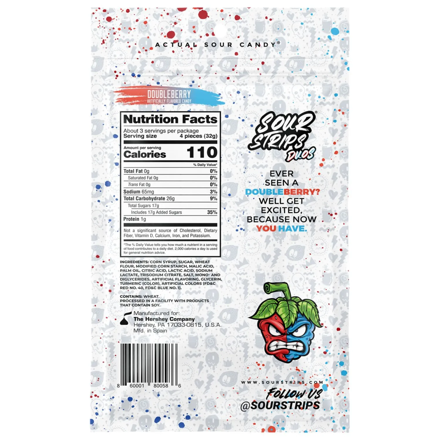 SOUR STRIPS DUOS Doubleberry Flavored Peg Bag, 3.4 oz. (Pack of 3)