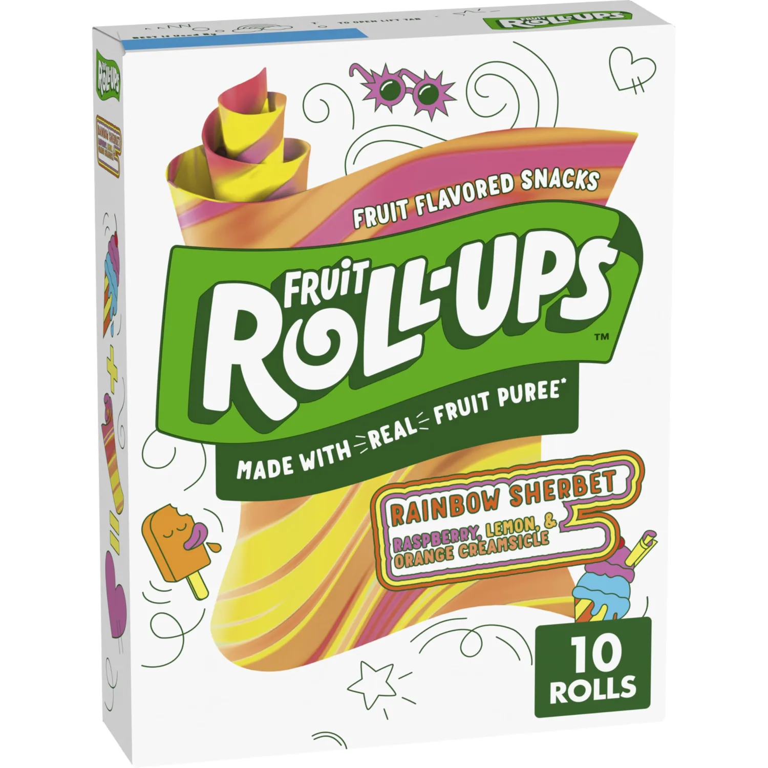 Fruit Roll-Ups Fruit Flavored Snacks, Rainbow Sherbet, No Colors from Artificial Sources, Gluten Free, 10 Ct, 5 oz