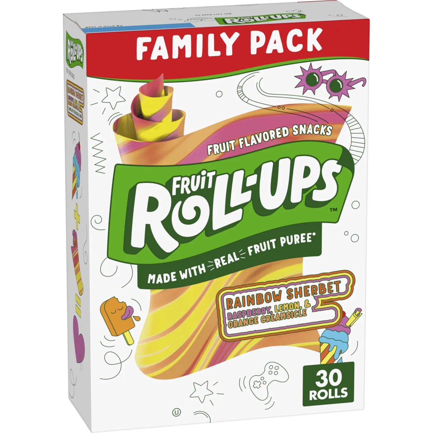 Fruit Roll-Ups Fruit Flavored Snacks, Rainbow Sherbet, No Colors from Artificial Sources, Gluten Free, Family Pack, 30 Ct, 15 oz