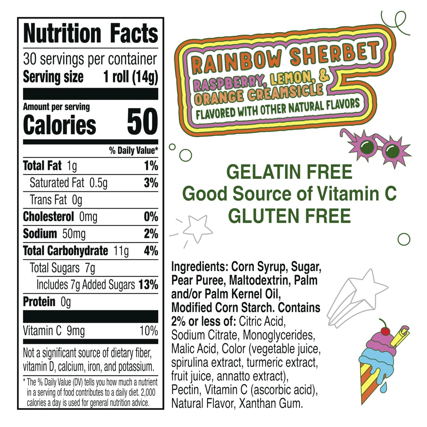 Fruit Roll-Ups Fruit Flavored Snacks, Rainbow Sherbet, No Colors from Artificial Sources, Gluten Free, Family Pack, 30 Ct, 15 oz