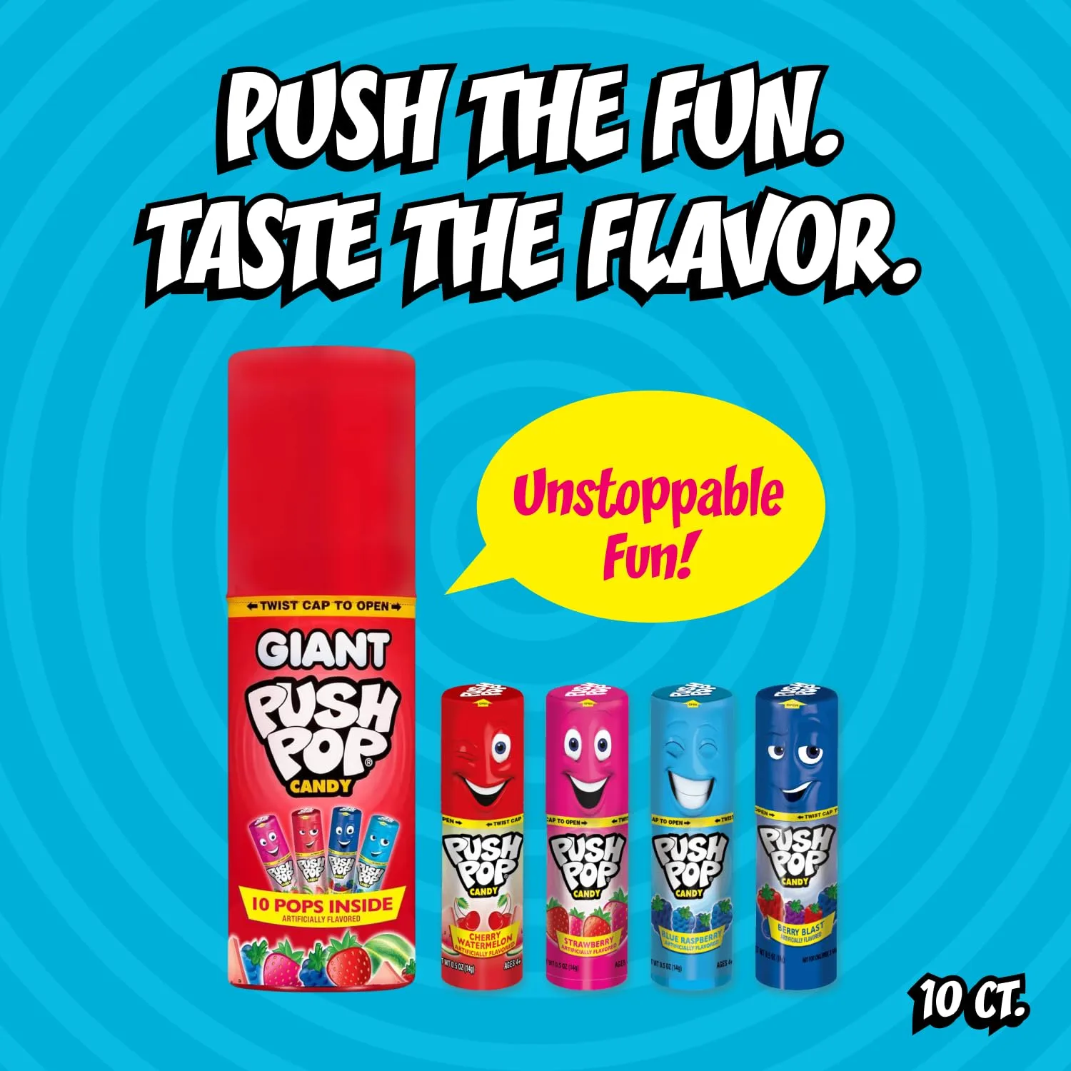 Push Pop Giant Candy Lollipop Container, 10 Ct Individually Wrapped in Assorted Fruity Flavors, Full Size, Fun Hard Candy For Party Favors, Birthday Parties, Goodie Bags, Fun Gifts for Kids