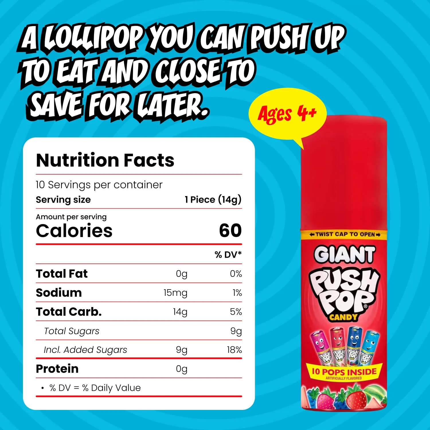 Push Pop Giant Candy Lollipop Container, 10 Ct Individually Wrapped in Assorted Fruity Flavors, Full Size, Fun Hard Candy For Party Favors, Birthday Parties, Goodie Bags, Fun Gifts for Kids