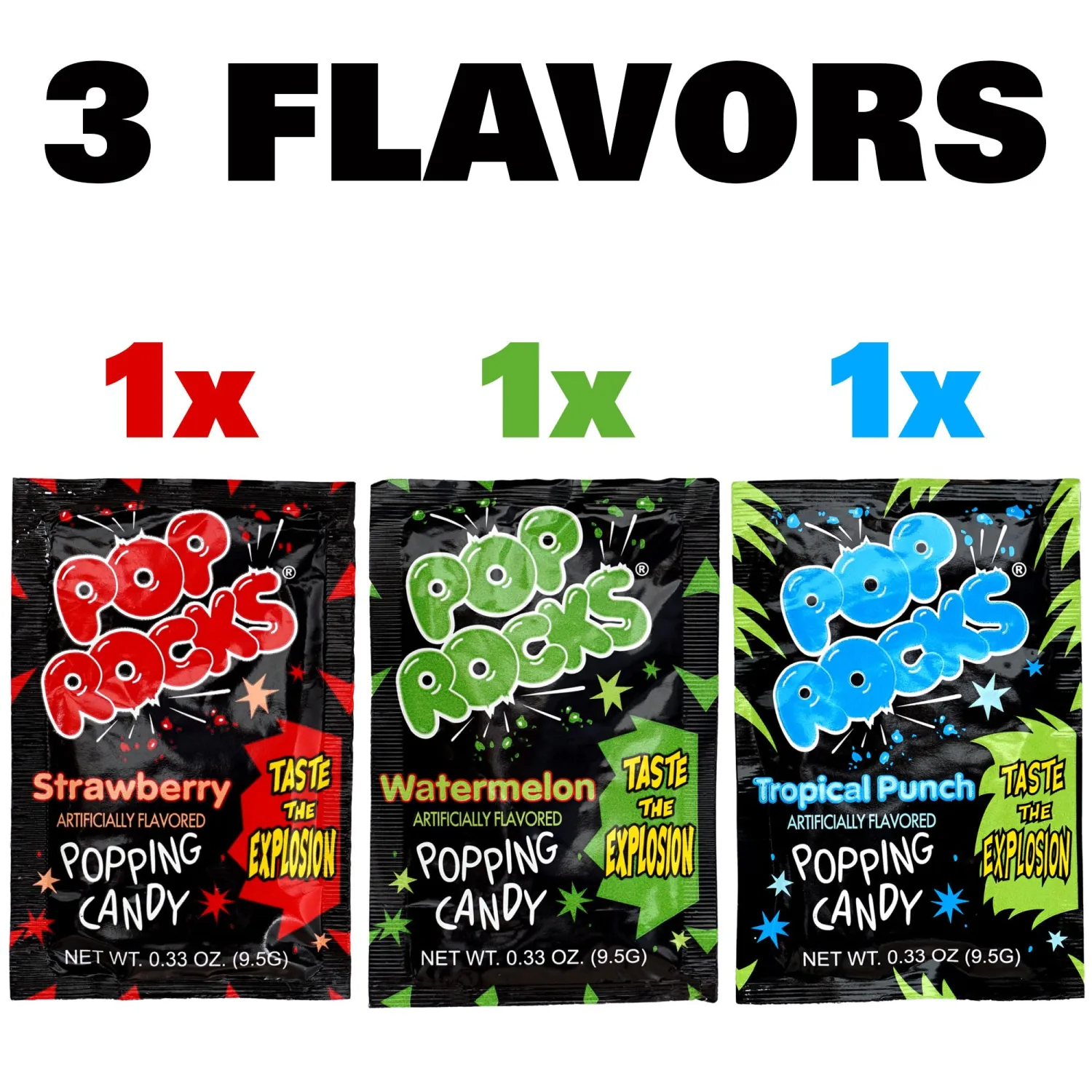 The Hampton Candy Company Pop Rocks Candy 3 Pack, Watermelon, Strawberry, Tropical Punch