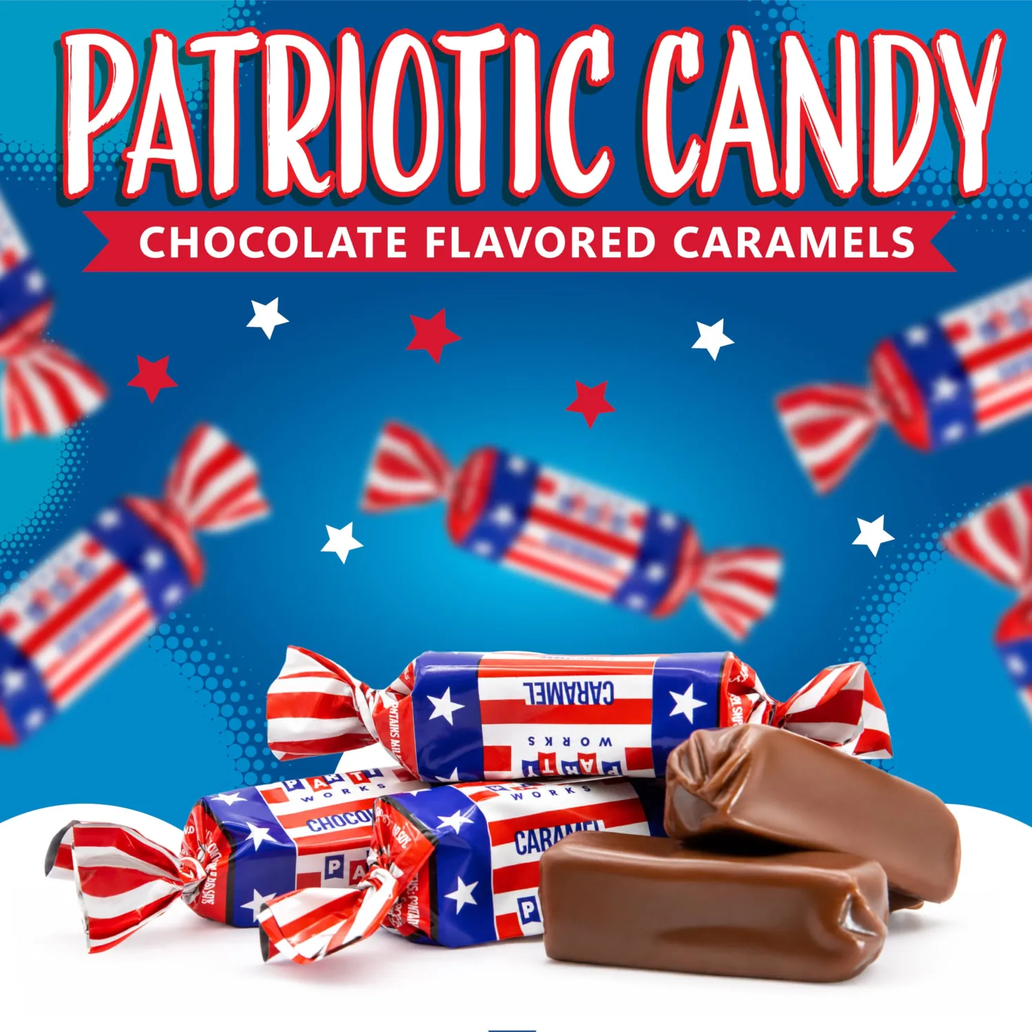 Patriotic Candy | 2-Pound Bag | 4th of July Candy | Chocolate Caramels | Red White and Blue Candies Individually Wrapped | Bulk Parade Taffies for Independence Day