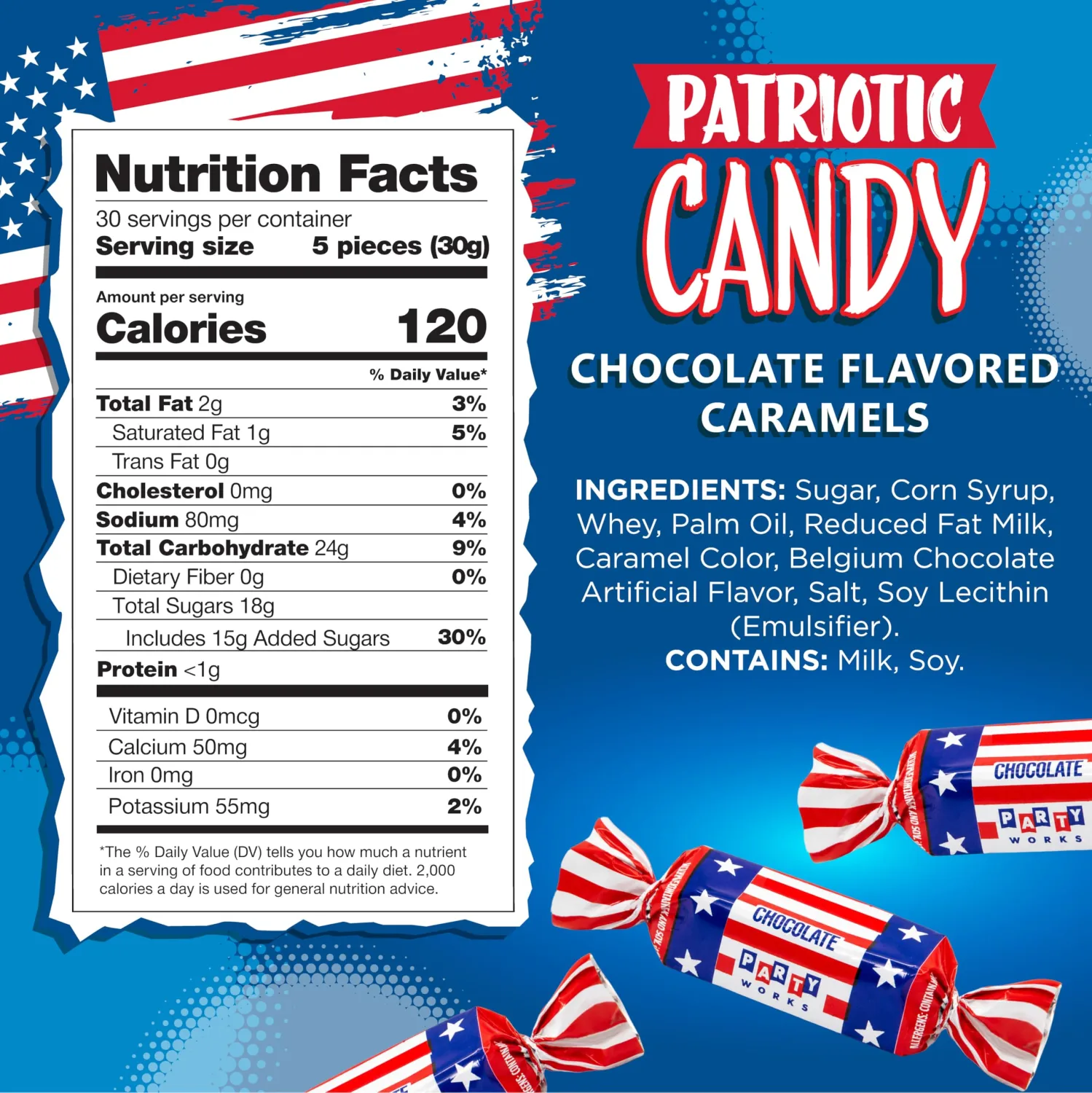 Patriotic Candy | 2-Pound Bag | 4th of July Candy | Chocolate Caramels | Red White and Blue Candies Individually Wrapped | Bulk Parade Taffies for Independence Day