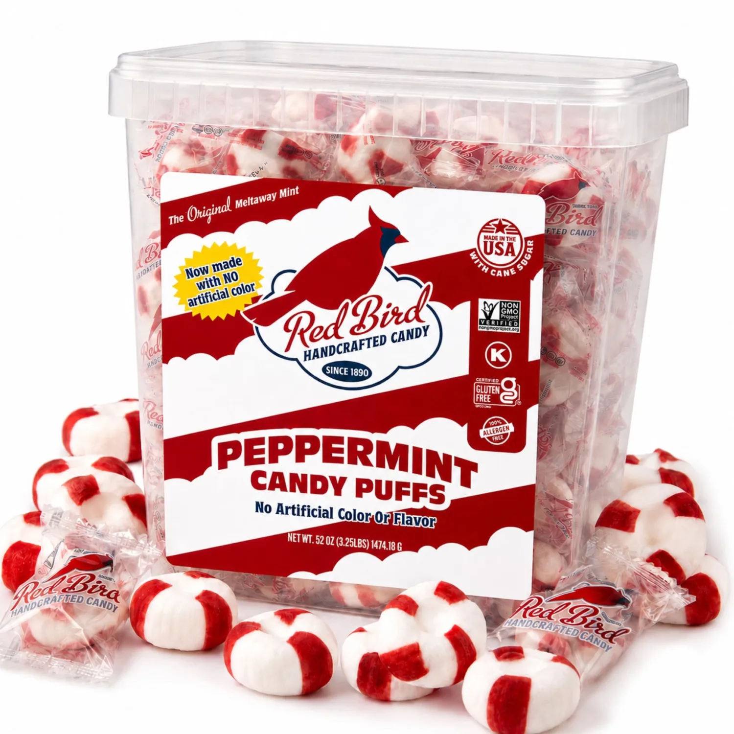 Red Bird Soft Peppermint Puffs Candy, Individually Wrapped Melt-Away Soft Mints, No Artificial Dyes, Gluten-Free Kosher Non-GMO, 52 oz Tub for Office Candy Dish, Holiday Gifts & Weddings