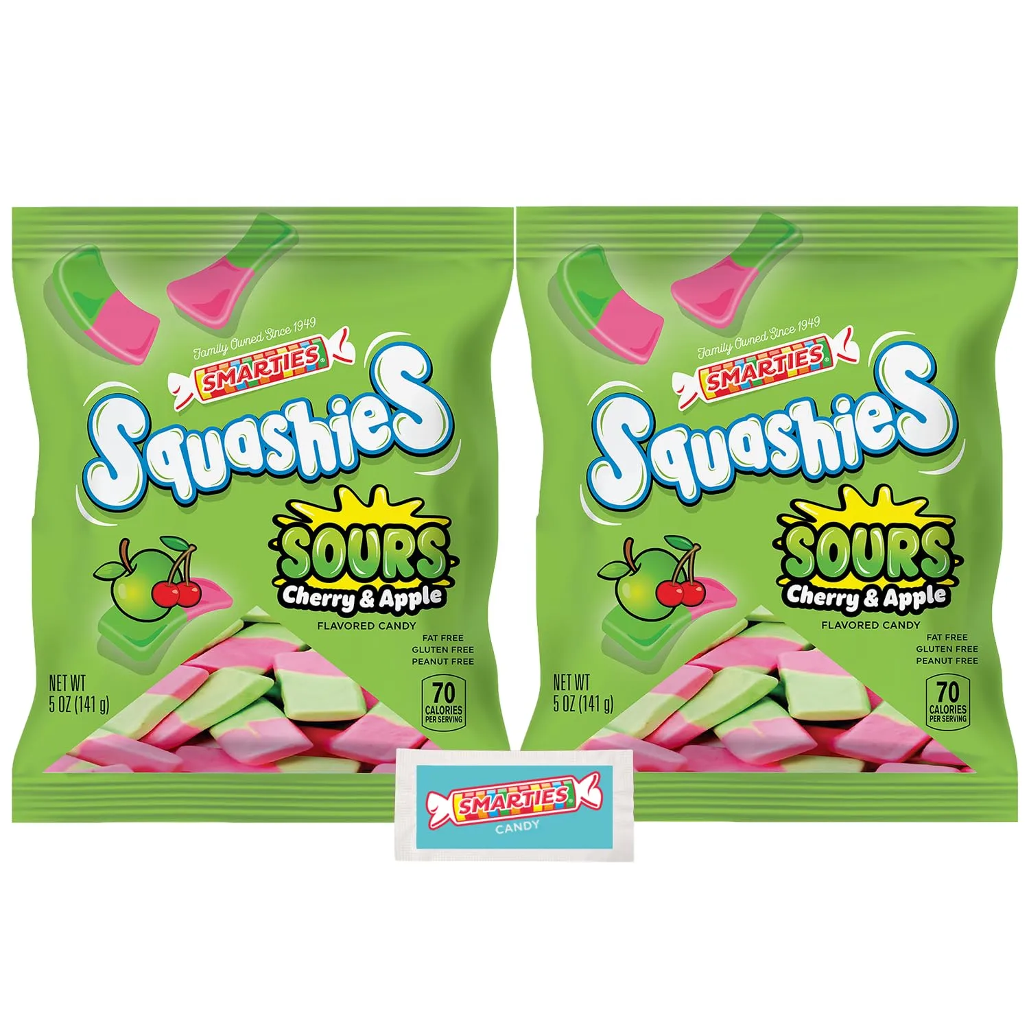Smarties Squashies Foam Gummy Candies & Smarties Sample Packet Variety-Pack - Sour Cherry & Apple Flavored - Peanut Free & Gluten Free Candy - Soft & Chewy Squashies Candies for Parties & Birthdays - 5 oz Bag (Pack of 2)