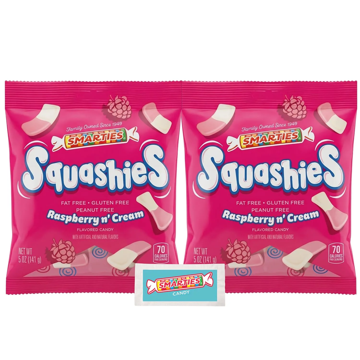 Smarties Squashies Foam Marshmallows Gummy Candies & Smarties Sample Packet Variety Pack - Raspberry & Cream Flavored - Allergen Free, Peanut Free & Gluten Free Candy - Soft & Chewy Squashies Candies - 5 oz Bag (Pack of 2)