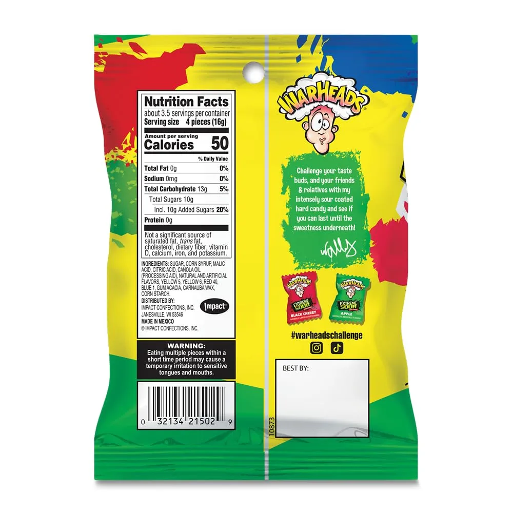 WARHEADS - Extreme Sour Hard Candy - Assorted Flavors - Sour Apple, Black Cherry, Blue Raspberry, Lemon & Watermelon Flavors - 2 oz. Bags - 3 Pack