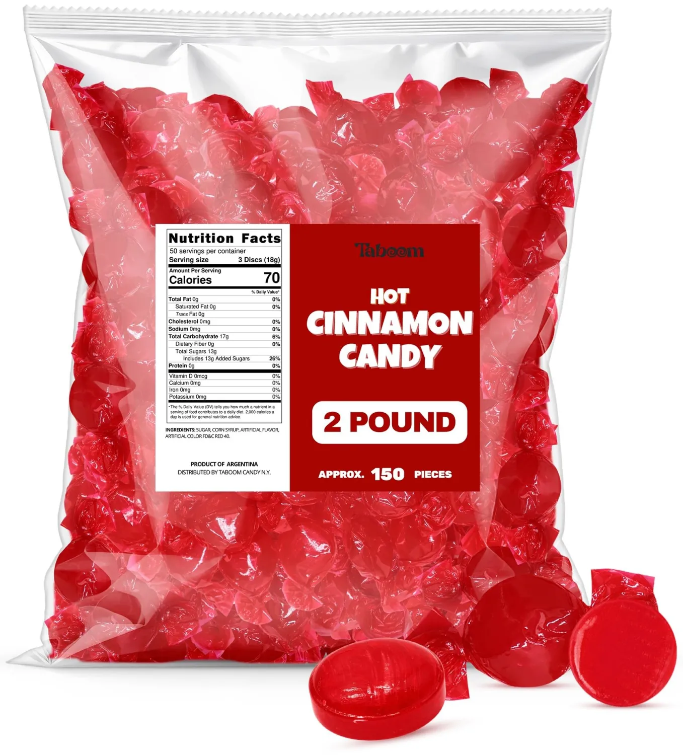 Cinnamon Hard Candy Discs 2 lbs Bulk Pack Christmas Candies - Approx. 150 Individually Wrapped Spicy Cinnamon Flavored Hard Candies for Parties, Offices & Treats - Taboom