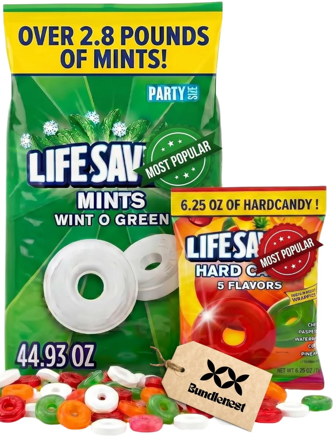 Wintergreen Mints 2.8 LB Bulk Bag, Wint O Green Breath Mints Individually Wrapped, with 5 Flavor Fruit Hard Candy 6.25 oz, Party Mints and Bulk Candy for Office, Weddings and Holidays
