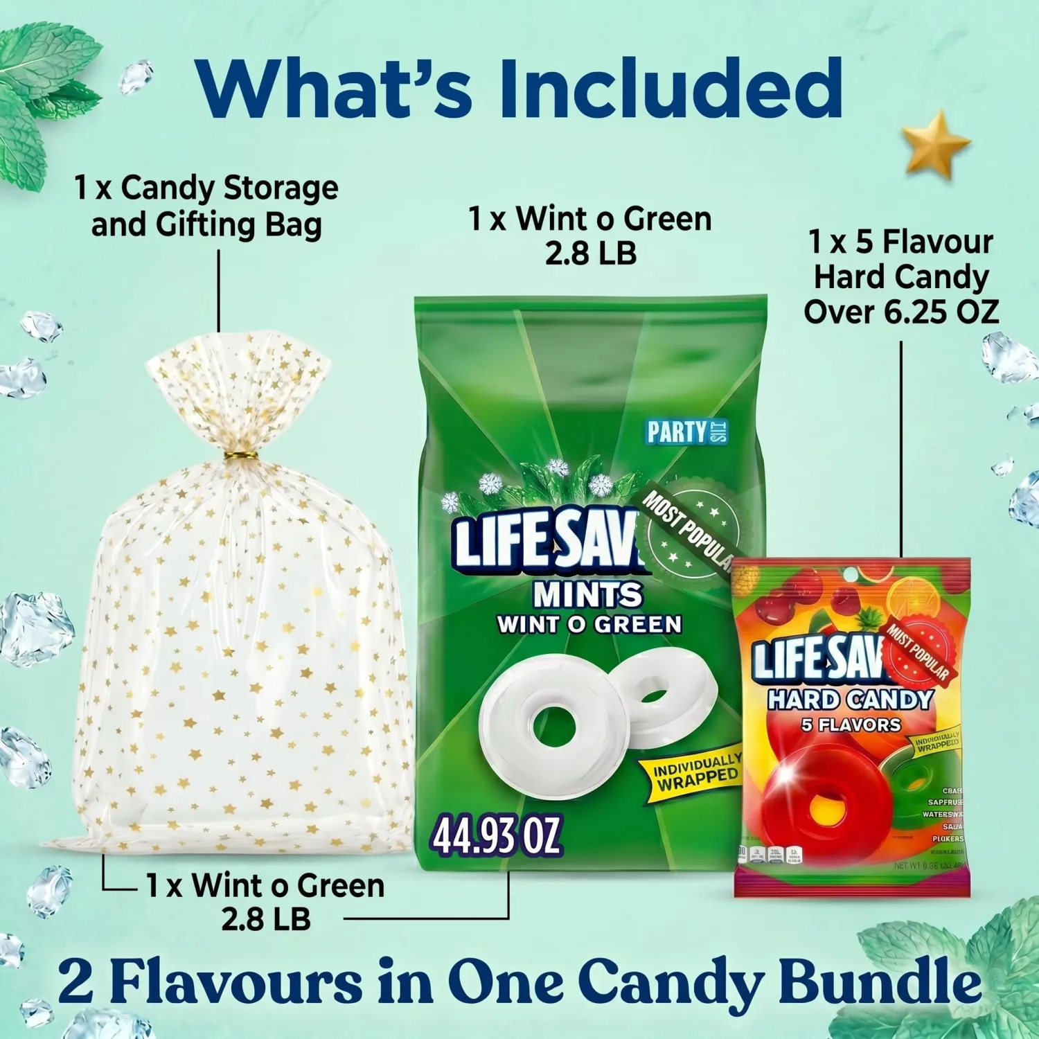 Wintergreen Mints 2.8 LB Bulk Bag, Wint O Green Breath Mints Individually Wrapped, with 5 Flavor Fruit Hard Candy 6.25 oz, Party Mints and Bulk Candy for Office, Weddings and Holidays