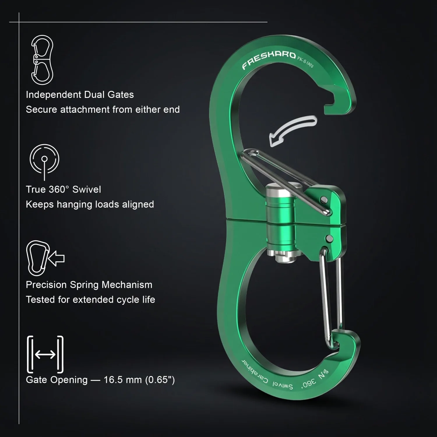 FresKaro 1kN Double-Ended Wiregate Carabiner Clip, Patented Design, Reversible 360 Spin, Lightweight Utility Hook for Hiking, Camping, Fishing, Birdfeeders, Keychain, Not for Climbing