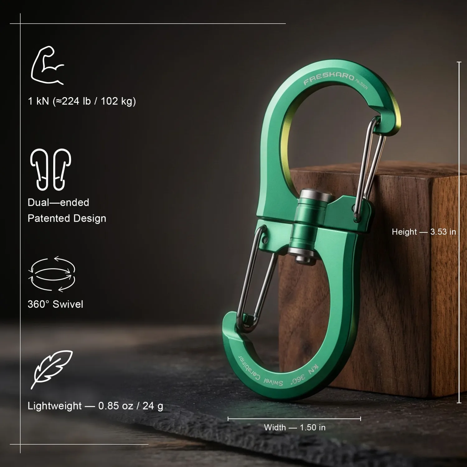 FresKaro 1kN Double-Ended Wiregate Carabiner Clip, Patented Design, Reversible 360 Spin, Lightweight Utility Hook for Hiking, Camping, Fishing, Birdfeeders, Keychain, Not for Climbing