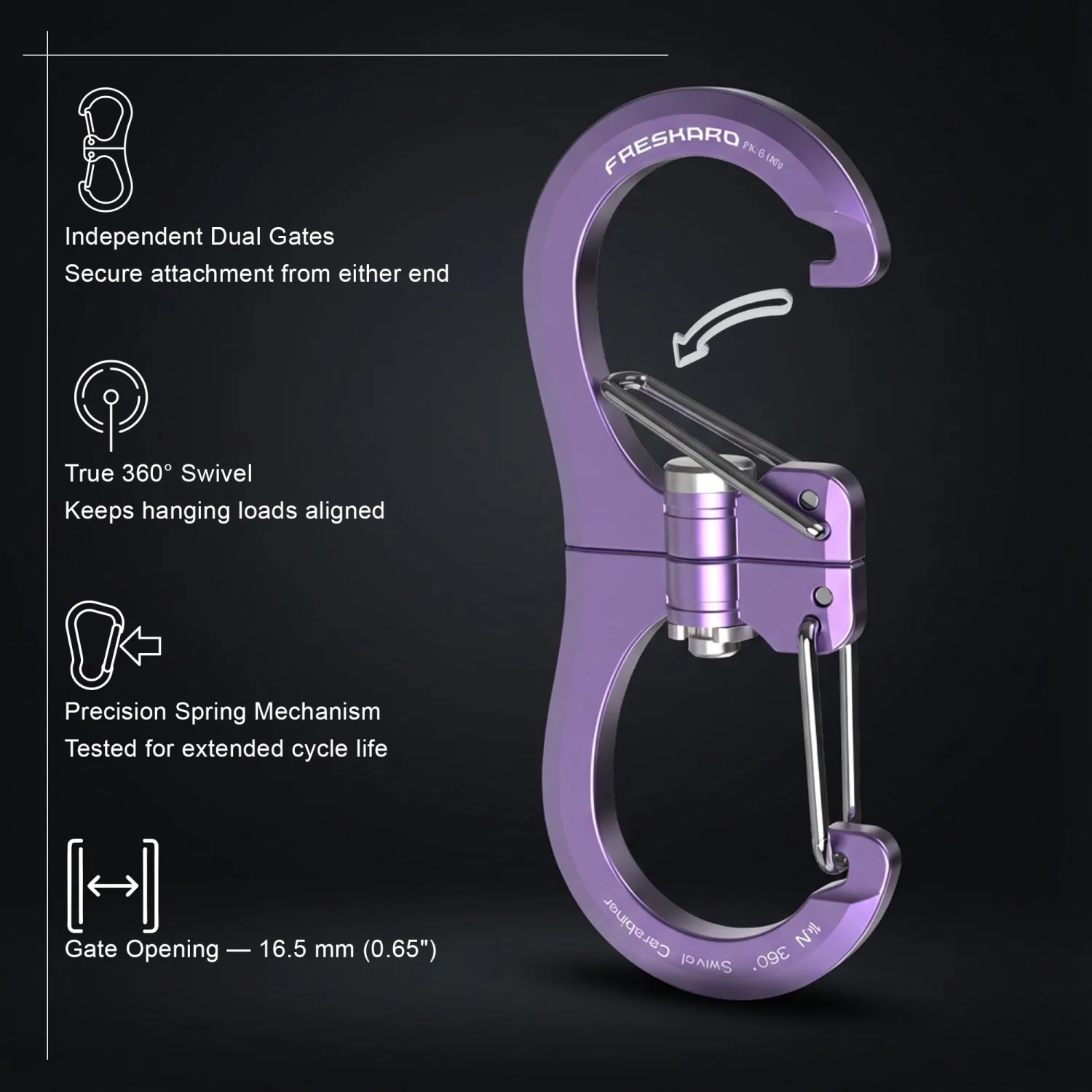 FresKaro 1kN Double-Ended Wiregate Carabiner Clip, Patented Design, Reversible 360 Spin, Lightweight Utility Hook for Hiking, Camping, Fishing, Birdfeeders, Keychain, Not for Climbing