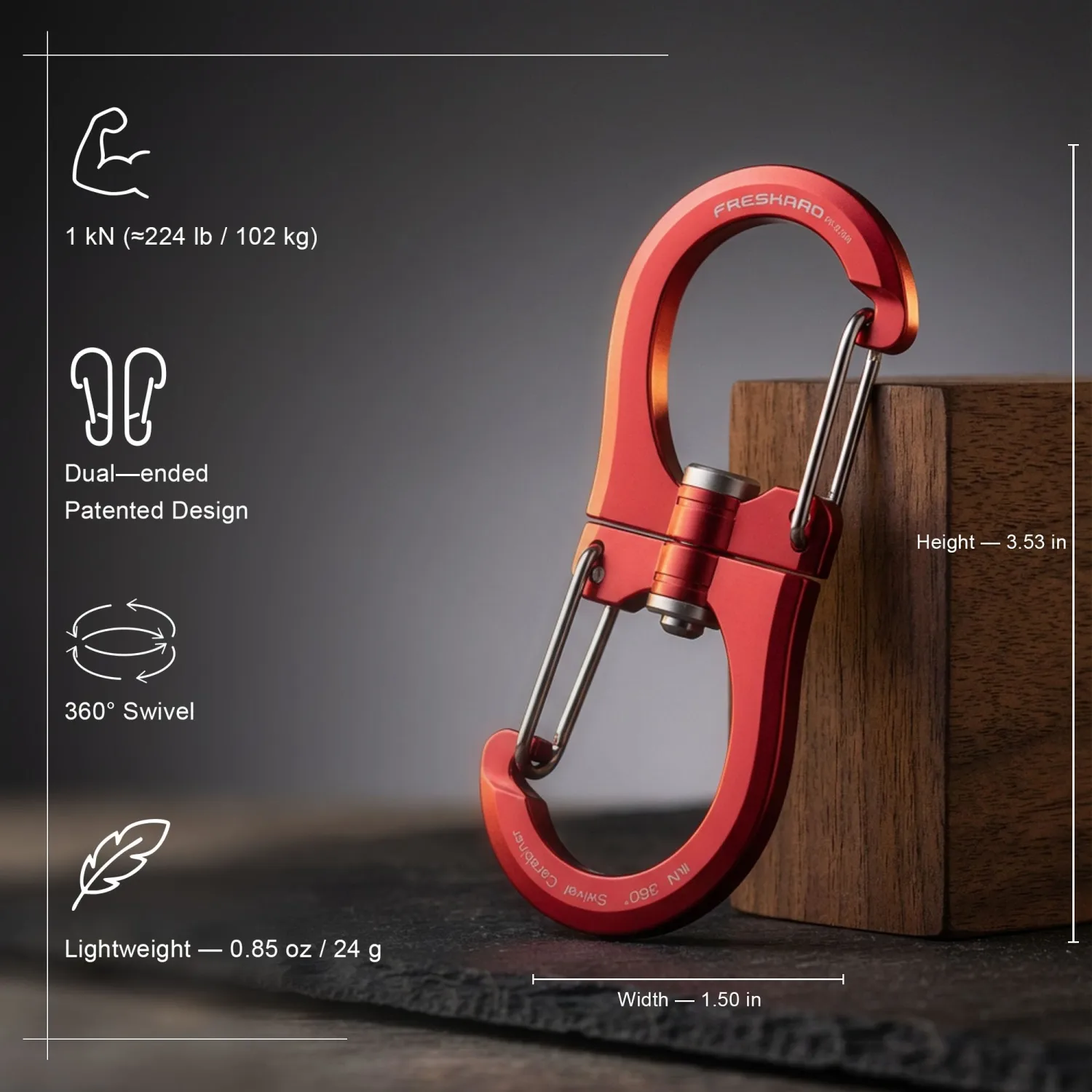 FresKaro 1kN Double-Ended Wiregate Carabiner Clip, Patented Design, Reversible 360 Spin, Lightweight Utility Hook for Hiking, Camping, Fishing, Birdfeeders, Keychain, Not for Climbing
