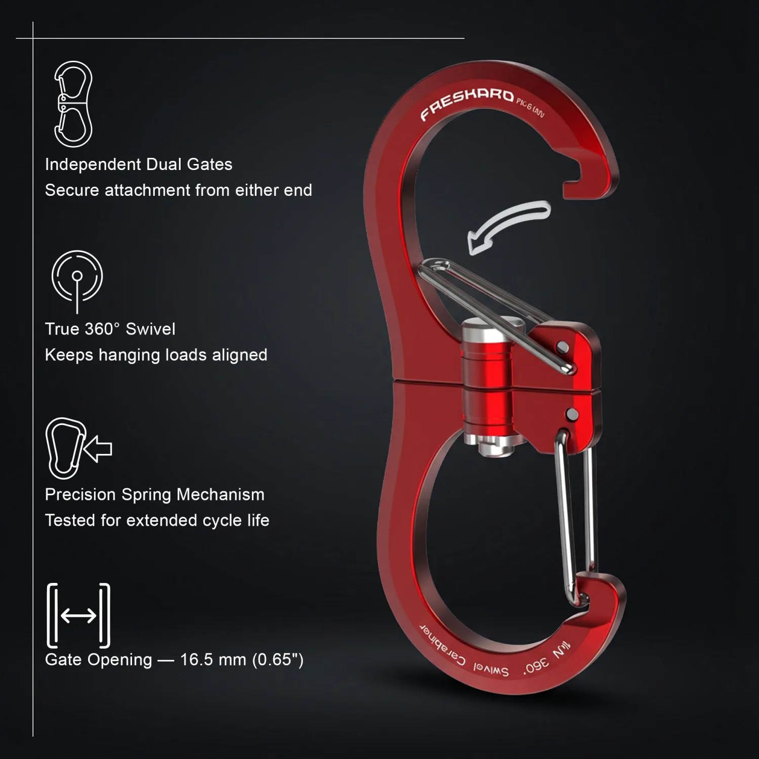 FresKaro 1kN Double-Ended Wiregate Carabiner Clip, Patented Design, Reversible 360 Spin, Lightweight Utility Hook for Hiking, Camping, Fishing, Birdfeeders, Keychain, Not for Climbing
