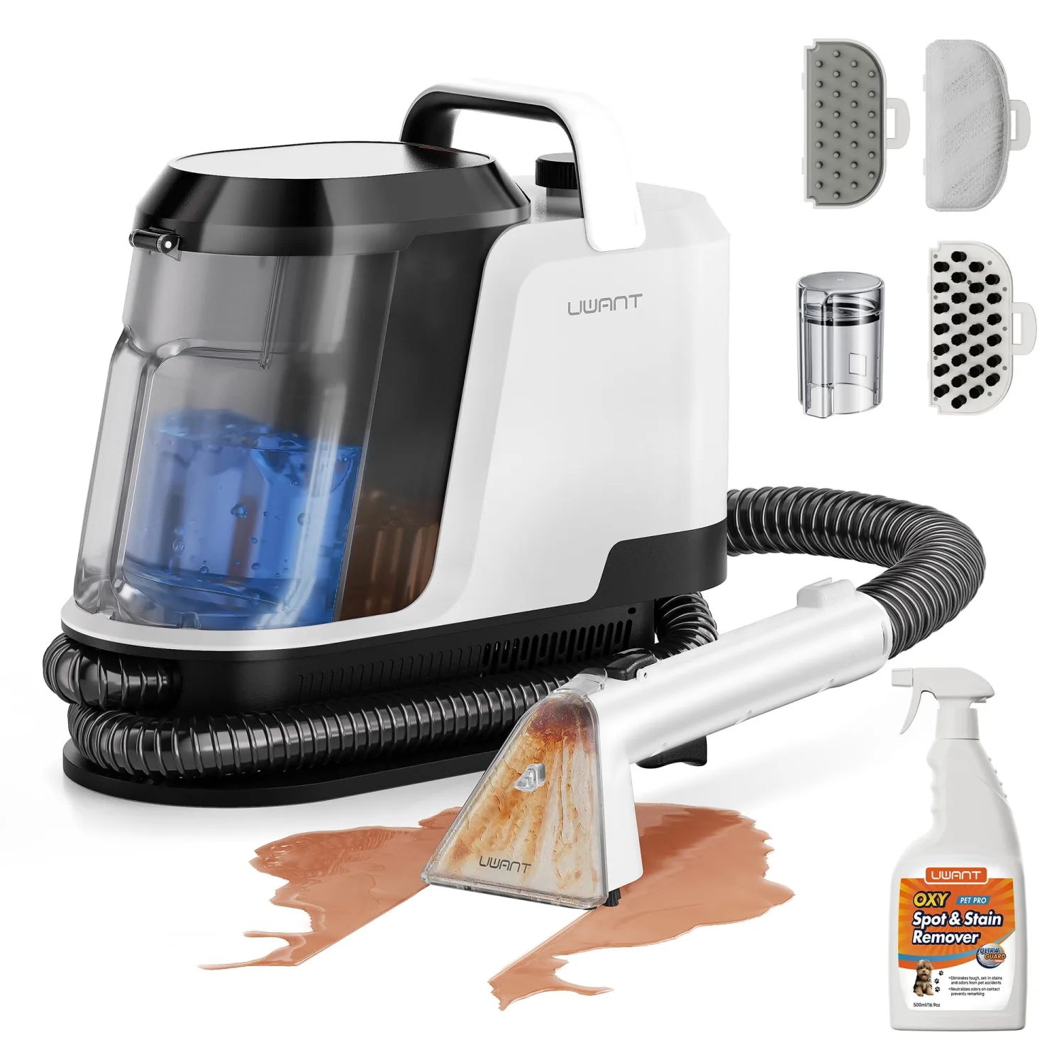 Uwant Upholstery Cleaner Machine with 18Kpa Suction Portable Carpet Cleaner Machine for Cars, Pets with Pet Pro Solution and Self Cleaning Tools Set of 1 for Spot, Rug, Couch