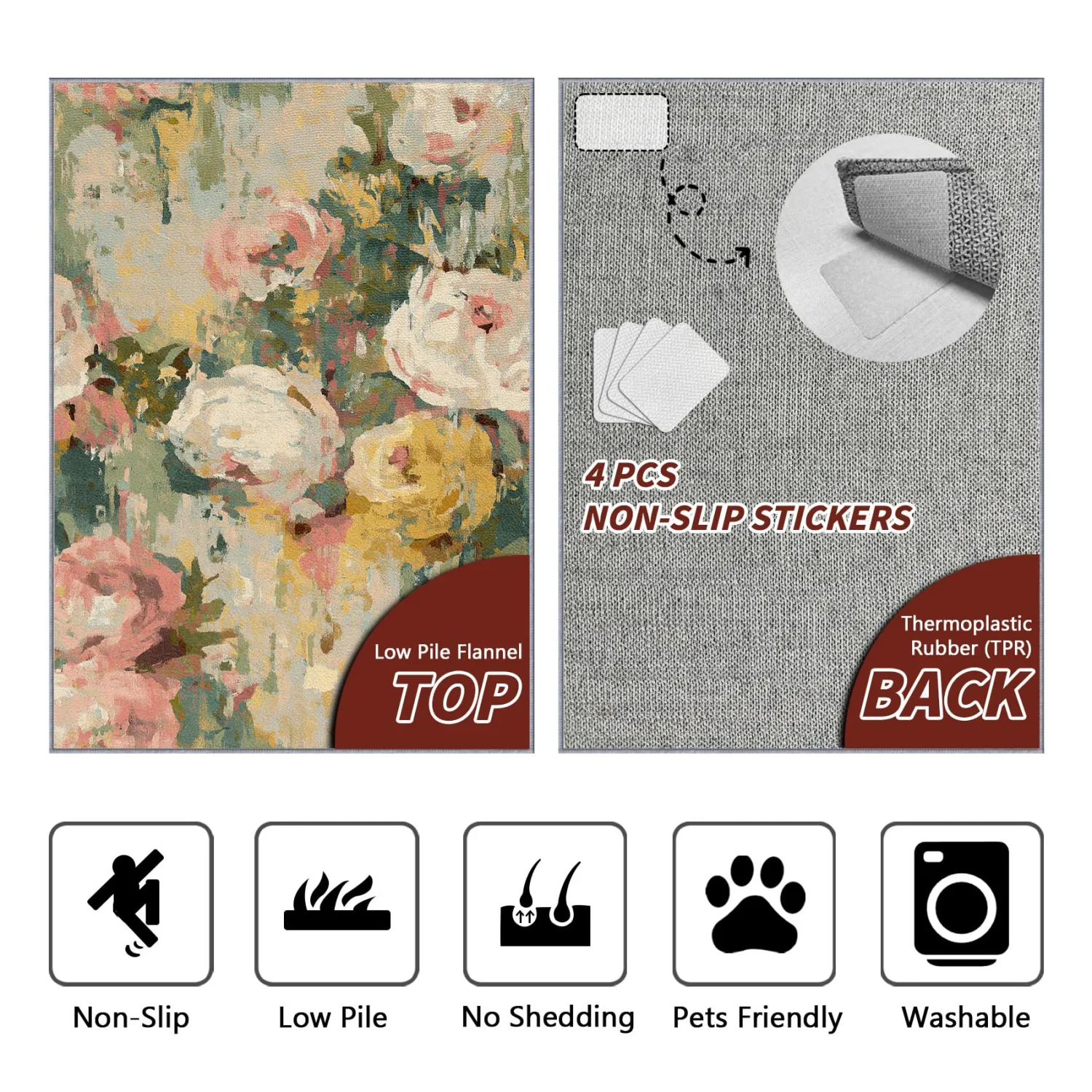 COLORCITY Floral Rug 2x3 - Abstract Flower Distressed Area Rugs for Entryway, Vintage Rose Machine Washable | Non-Slip | Low Pile Small Carpets, Floral Home Decor