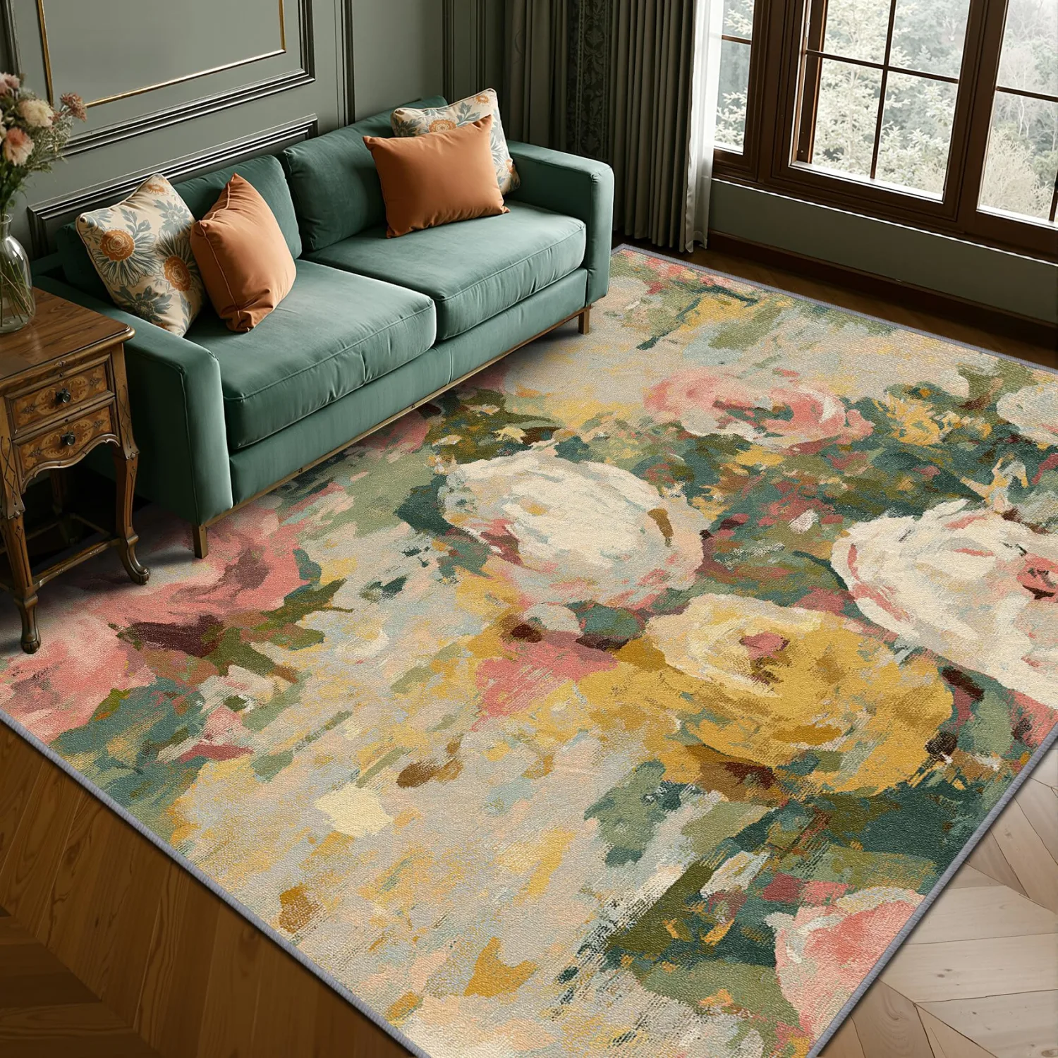 COLORCITY Floral Rug 2x3 - Abstract Flower Distressed Area Rugs for Entryway, Vintage Rose Machine Washable | Non-Slip | Low Pile Small Carpets, Floral Home Decor