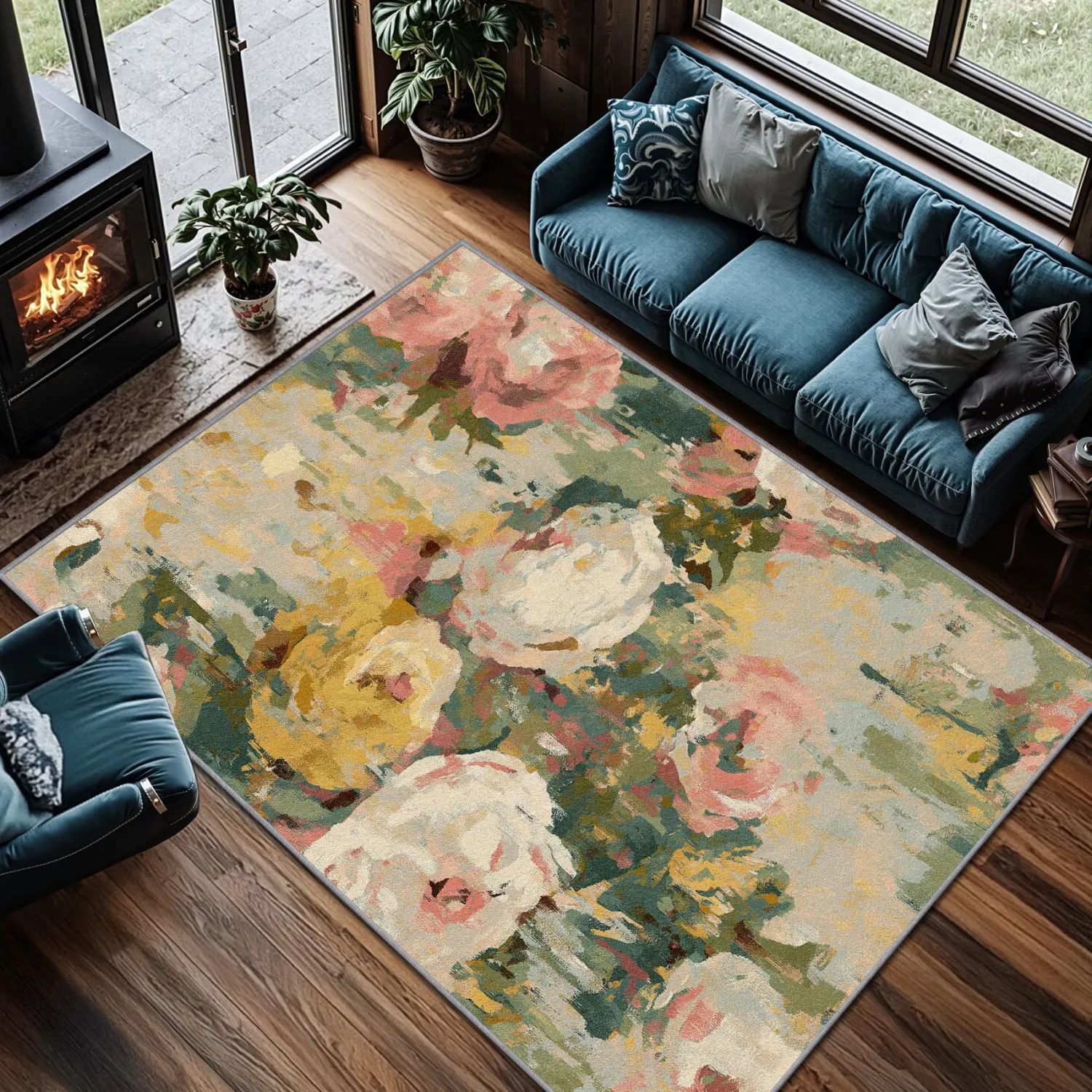 COLORCITY Floral Rug 2x3 - Abstract Flower Distressed Area Rugs for Entryway, Vintage Rose Machine Washable | Non-Slip | Low Pile Small Carpets, Floral Home Decor