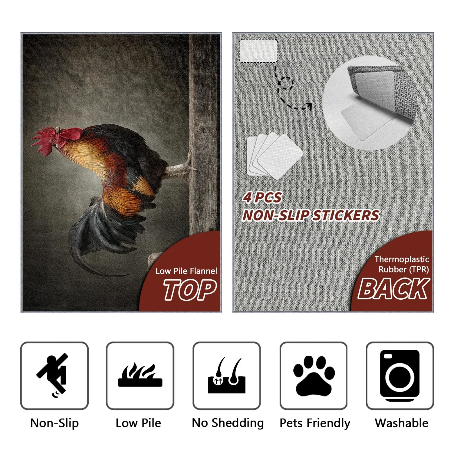 COLORCITY Rooster Rug 3x4 - Farm Animal Rustic Area Rugs for Bedroom Living Room, Chicken Farmhouse Country Machine Washable | Non-Slip | Soft Small Carpets, Farm Animal Room Decor