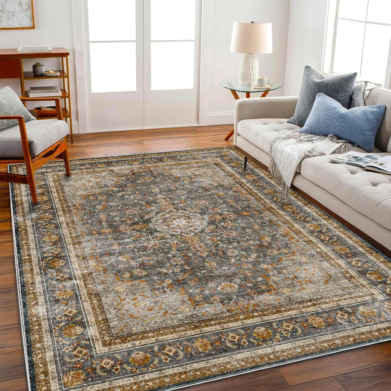 CHAMPLANT Area Rug 5'x7' Washable Rug Traditional Floor Cover Thin Retro Kitchen Indoor Distressed Non Slip Carpet for Living Room Bedroom Dining Room