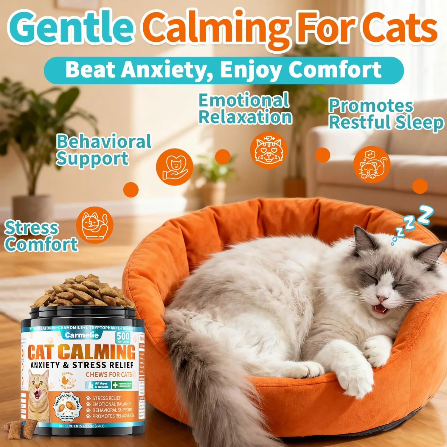 Cat Calming Treats, 500 Crunchy & Creamy Calming Cat Treats with Melatonin, Chamomile for Cats Stress and Anxiety Relief - Travel, Boarding, Vet Visits, Separation Anxiety, Chicken and Krill Flavored