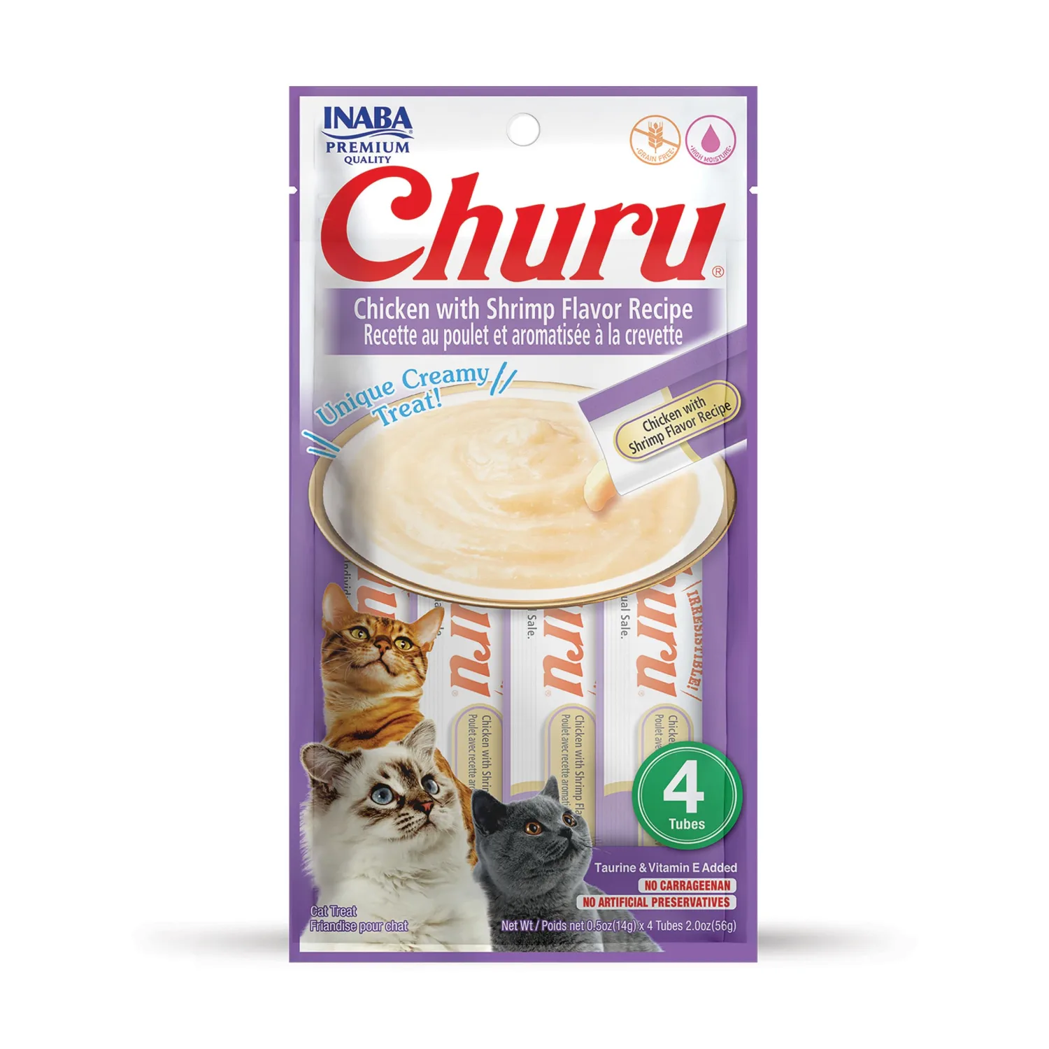INABA Churu Lickable Purée Natural Cat Treats (Chicken with Shrimp Recipe, 4 Tubes)