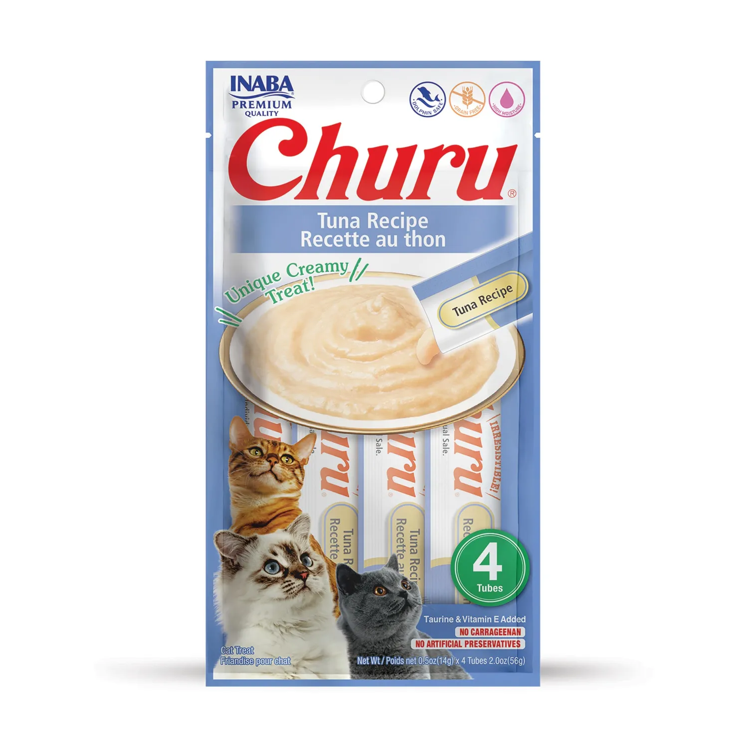 INABA Churu Lickable Purée Natural Cat Treats (Tuna Recipe, 4 Tubes)