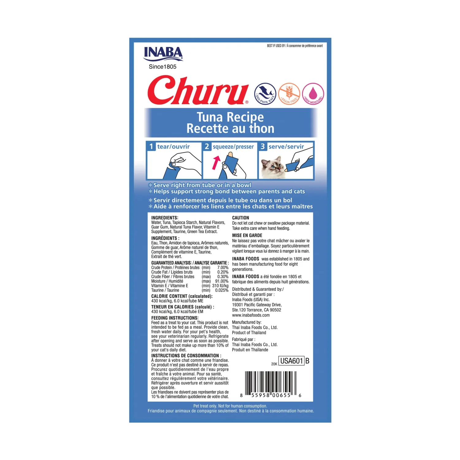 INABA Churu Lickable Purée Natural Cat Treats (Tuna Recipe, 4 Tubes)