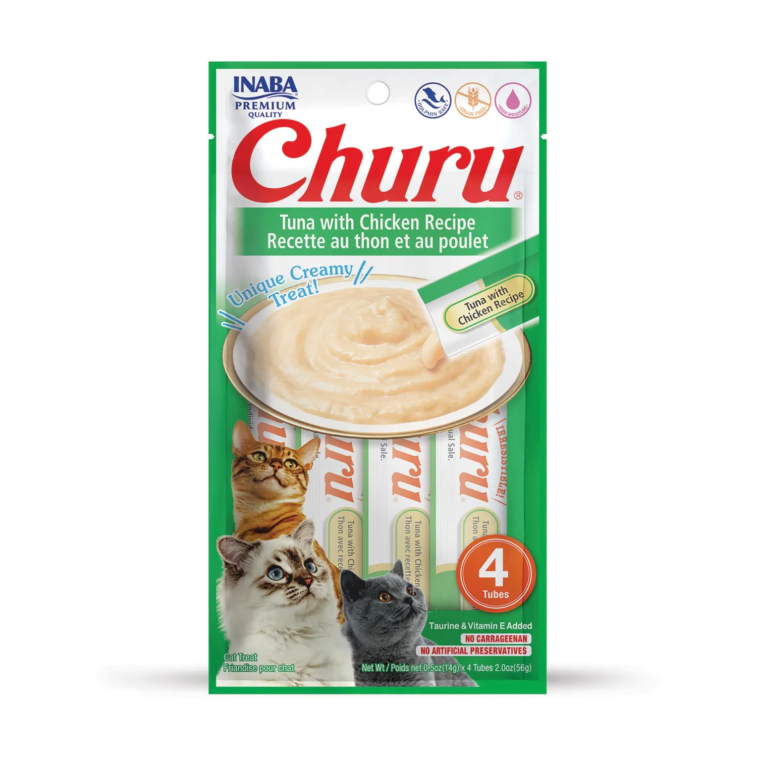 INABA Churu Lickable Purée Natural Cat Treats (Tuna with Chicken Recipe, 4 Tubes)