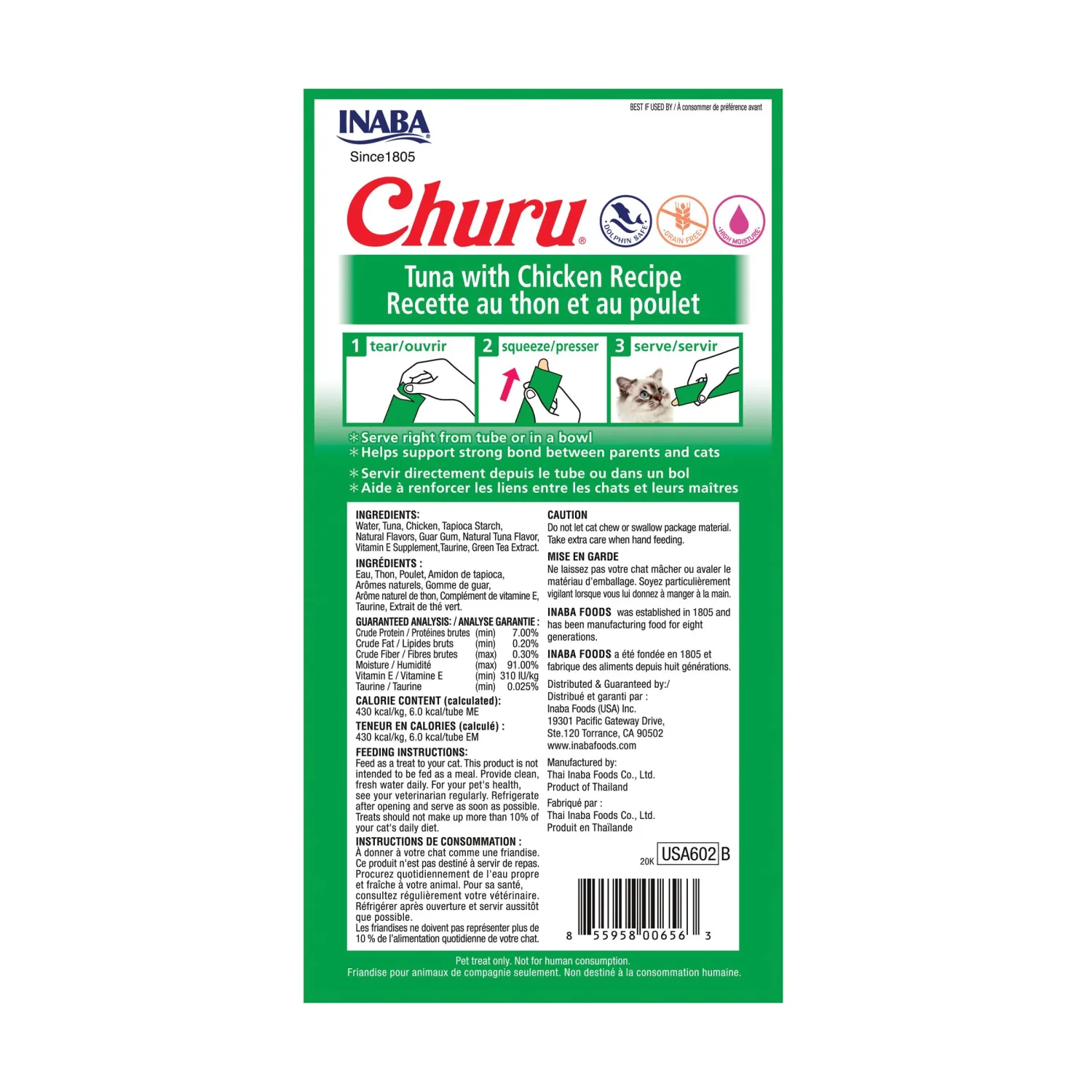 INABA Churu Lickable Purée Natural Cat Treats (Tuna with Chicken Recipe, 4 Tubes)