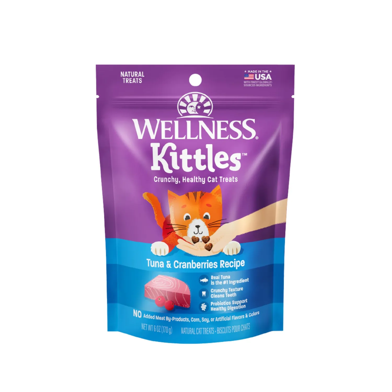 Wellness Kittles Crunchy Cat Treats, All Lifestages, Kitten to Senior, Natural, Grain Free, Tuna and Cranberry Flavor, 6 oz Bag