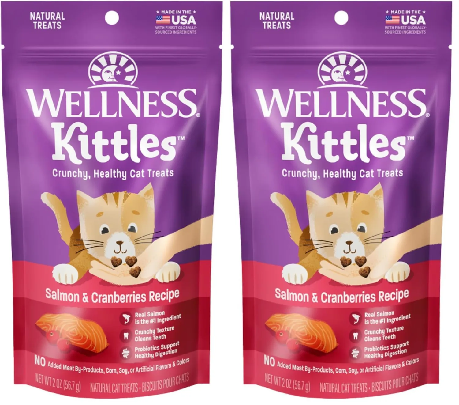 Wellness Kittles Crunchy Natural Grain Free Cat Treats, Salmon & Cranberries Recipe, All Life Stages, 2-Ounce Bag (Pack of 2)