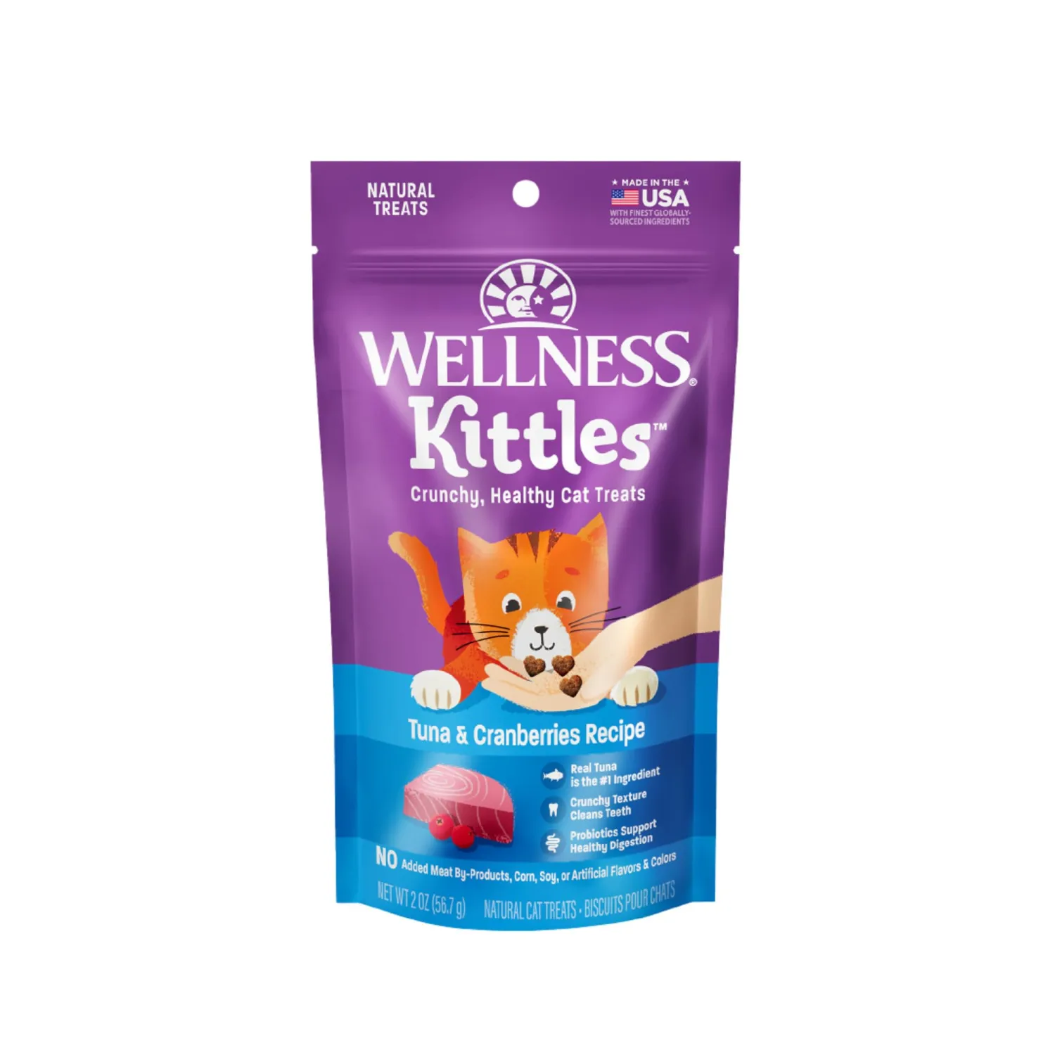Wellness Kittles Crunchy Cat Treats, All Lifestages, Kitten to Senior, Natural, Grain Free, Tuna and Cranberry Flavor, 2 oz Bag