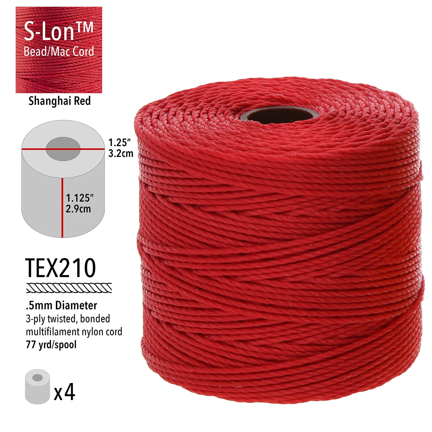 The Beadsmith S-Lon Bead Cord – .5 mm Twisted Nylon Cord for Stringing, 4 Spools, Shanghai Red Color, TEX210, 77 Yards per Spool