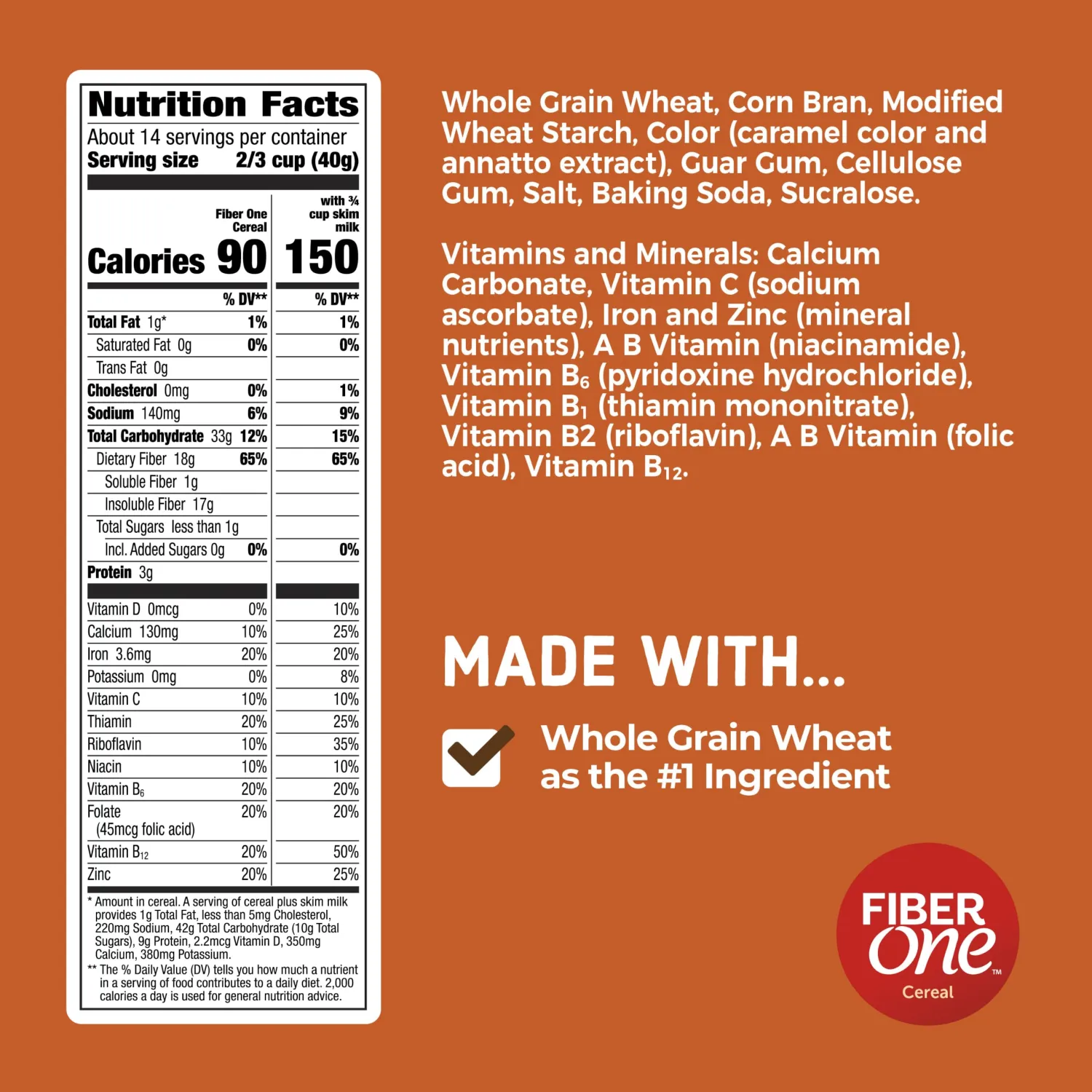 Fiber One Cereal, Original Bran, High Fiber Cereal Made with Whole Grain, 19.6 oz
