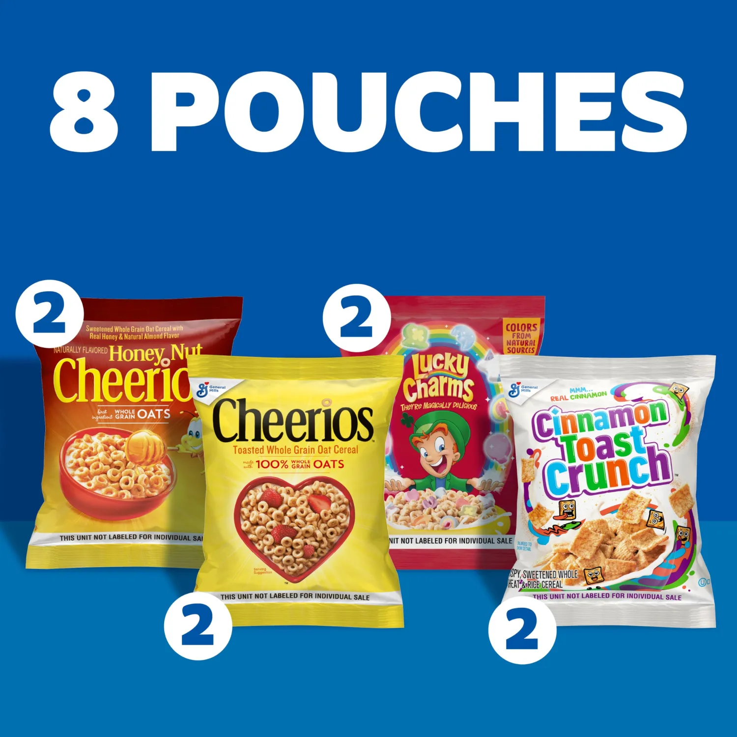 Breakfast Cereal Variety Pack, Lucky Charms, Cinnamon Toast Crunch, Cheerios, and Honey Nut Cheerios, 8 Pouches, 9.14 oz
