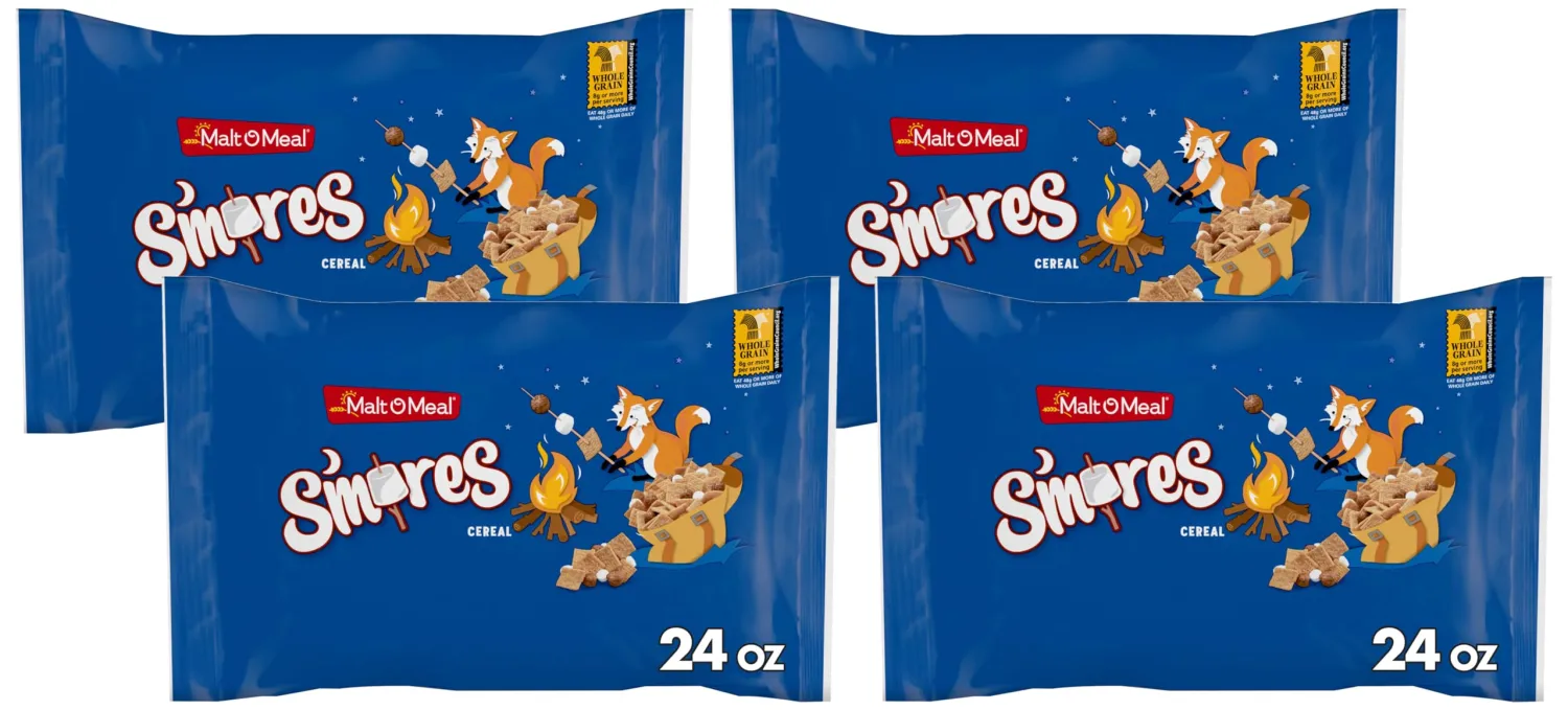 Malt-O-Meal S'mores Breakfast Cereal, with Honey Graham Squares, Chocolatey Puffs and Marshmallow Bits, Large Cereal for Family, 24 OZ Resealable Bag (Pack of 4)