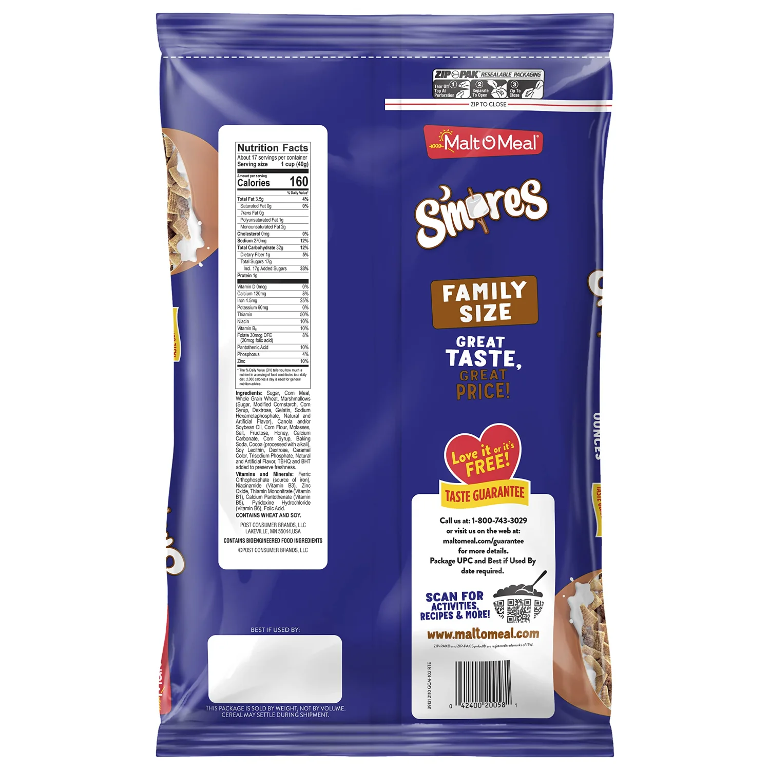 Malt-O-Meal S'mores Breakfast Cereal, with Honey Graham Squares, Chocolatey Puffs and Marshmallow Bits, Large Cereal for Family, 24 OZ Resealable Bag (Pack of 4)