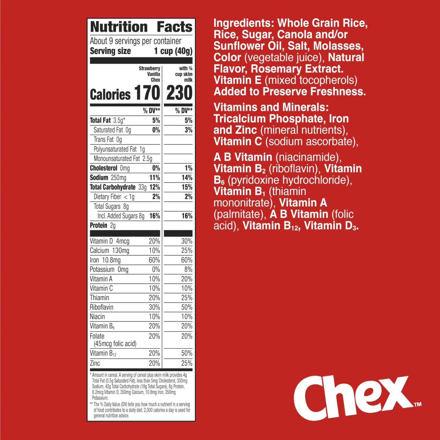 Strawberry Vanilla Chex Cereal, Gluten Free Breakfast Cereal, Made with Whole Grain, 12.4 oz