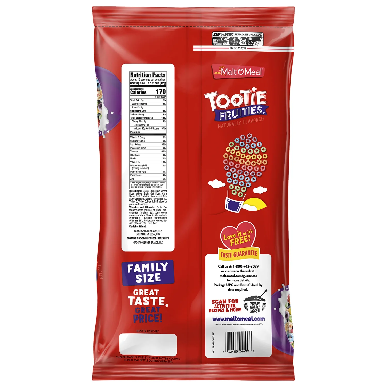 Malt-O-Meal Tootie Fruities Breakfast Cereal, Colorful and Fruity Cereal for the Family, Family Size, 23 OZ Resealable Bag