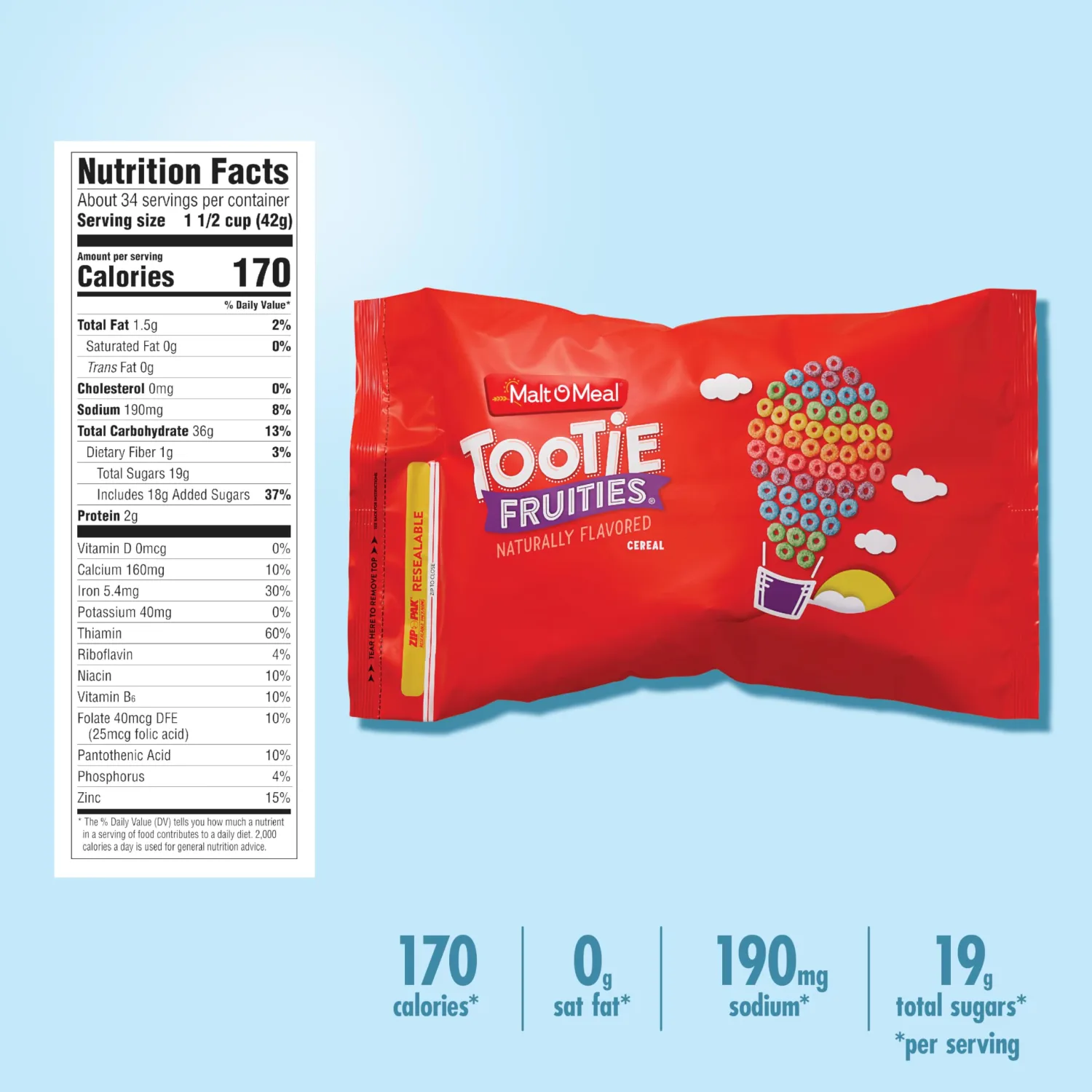 Malt-O-Meal Tootie Fruities Breakfast Cereal, Colorful and Fruity, Family Size, 50 oz Resealable Bag